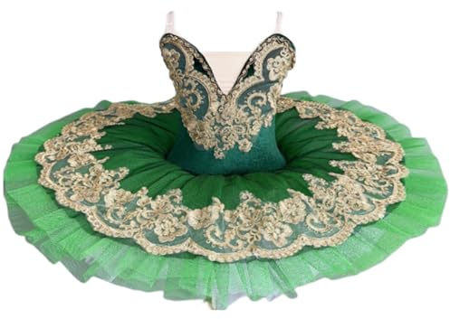 tutù di Danza Classica Professionale per Bambina tutù con Piatto da Pancake Ricamato Paillettes Costume da Ballerina per Feste,Verde,140
