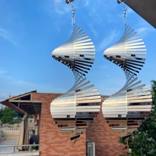 Hanging Wind Spinners,3D Spiral Highly Reflective Stainless Steel Metal Wind Spinner Outdoor Garden Decor,Bird Devices Deterrent to Scare Away Yard Birds12in 2Pcs