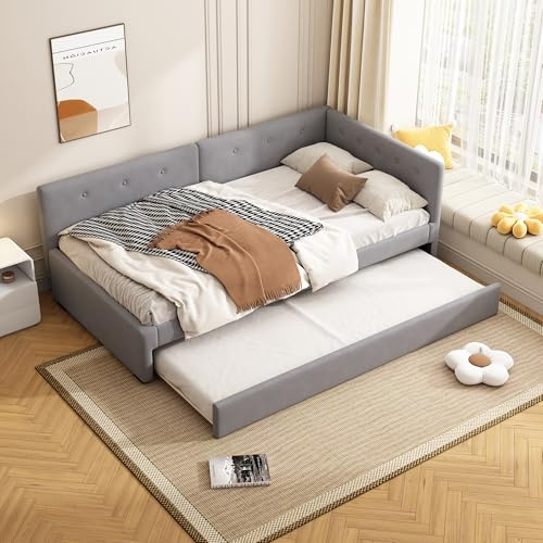 RIAZOS Polsterbett Schlafsofa 90x200 cm, Einzelbett mit Ausziehbett, L-förmiges Gästebett Daybett Tagesbett, Bettgestell mit Lattenrost, Samt, Ohne Matratze, Grau