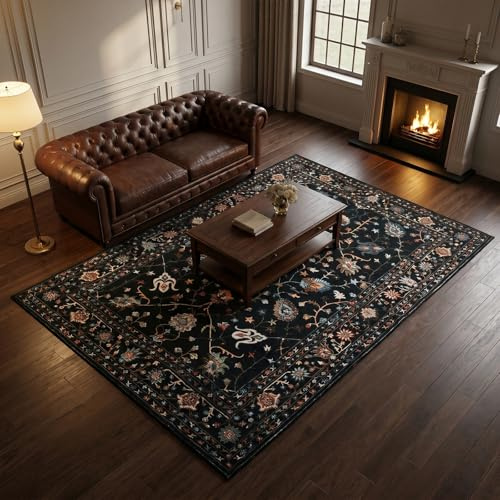 jxgzyy Washable Living Room Rugs, Black Persian Rug, Short Pile Bedroom Rug | 160x230cm Vintage Rug, 5 mm Thick Polyester Soft Carpet with Anti-Slip TPR Backing, Black Patterned Rug for Living Room