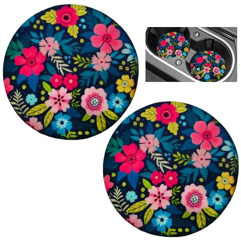 2PCS Flower Car Coasters for Cup Holders – Absorbent Silicone Car Cup Holder Insert, Non-Slip Auto Mug Mats, Car Accessories Interior, Universal Cup Holders Embedded for SUV, Car, Truck (Black)