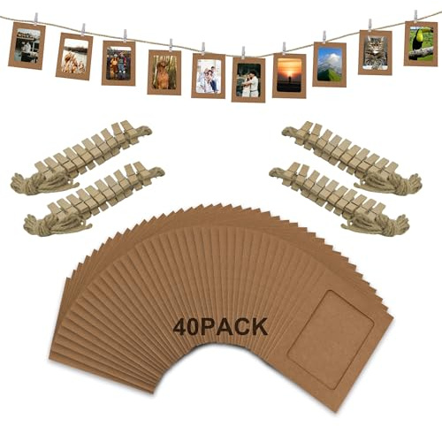 SZWLJ Lot de 40 cadres photo en papier beige de 4x6 pouces avec ficelle et crochets pour bannière photo, affichage et décorations d'événement