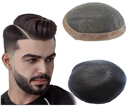 Herrenhaar Toupet for Männer, feines Mono-Oberteil und Poly-Beschichtung um Herren-Haarteil, 15,2 cm, Echthaarsystem, männliche Haarprothese, 1B# natürliche schwarze Haareinheiten Alltagsperücken(6x8)