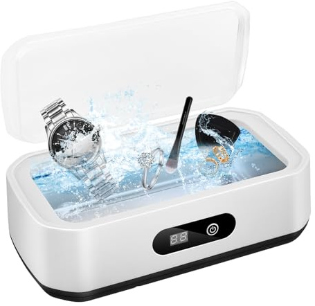 Strixorn Dispositivo de limpieza ultrasónica 49000 Hz, 650 ml, dispositivo de limpieza de gafas con 5 funciones de tiempo, dispositivo de limpieza ultrasónica de 40 W, para gafas, anillos, monedas