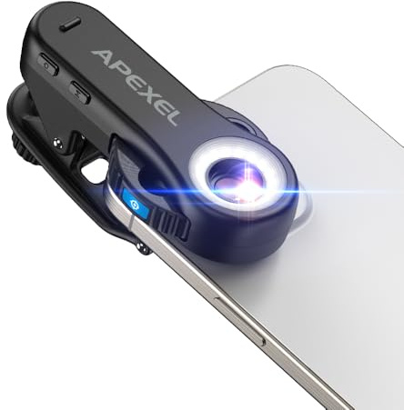 Apexel TriScope - Lente de microscopio 3 en 1 para Smartphone, Aumento de 40X/80X/120X, luz LED Dual y UV, Clip Universal para iPhone, Android, iPad