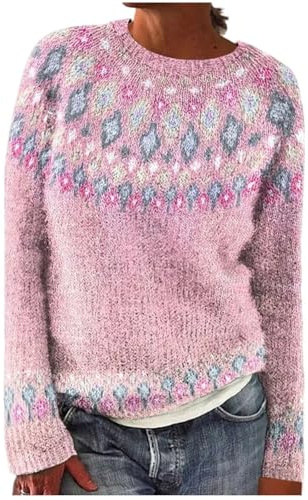 Générique Pull Norvégien Femme Hiver Chic Pull Vintage Col Rond Jacquard Tricoté Chaud Pullover Manches Longues Tunique Sweater Grande Taille Élégant Automne Haut Doux Décontracté Noël Top
