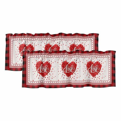 Ficuaiuo 2 Pack Love Heart Valances for Windows, Valentine's Day Romantic Red Plaid Boundary Light Filtering Window Treatment Rod Pocket Short Curtain for Kitchen/Living Room/Bedroom, 42x18 Inch