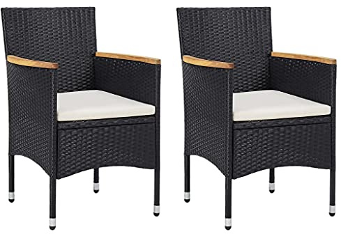 IBUQDDV Garten-Essstühle 2 STK. Poly Rattan Schwarz mit wetterbeständigem PE-Geflecht und Akazienholz-Armlehnen für Außenbereich, ergonomische Sitzgruppe mit abnehmbaren Kissen,