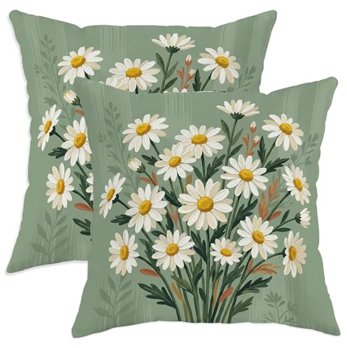 Juego de 2 fundas de almohada de crisantemo, botánicas, rústicas, florales, color verde primavera, terciopelo suave, lavable, fundas de almohada decorativas para el hogar, sala de estar, dormitorio
