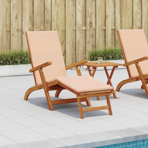 Teenpull Lettino da giardino in legno di acacia, regolabile, pieghevole, con poggiapiedi, set da 2 pezzi, per terrazza, piscina, balcone, 5 posizioni, 110 kg, beige