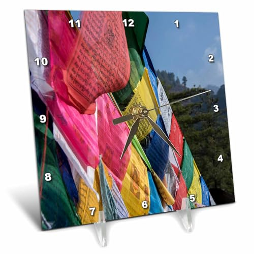 3dRose 6x6 Desk Clock - Bhutan, Paro. Colorful Prayer Flags in Front of Tigers Nest Temple. Temples