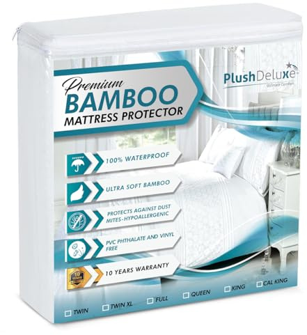 PlushDeluxe Premium Bamboo Mattress Protector – Twin Size, Waterproof, & Ultra Soft Breathable Noiseless Washable Bed Mattress Cover for Comfort & Protection - White