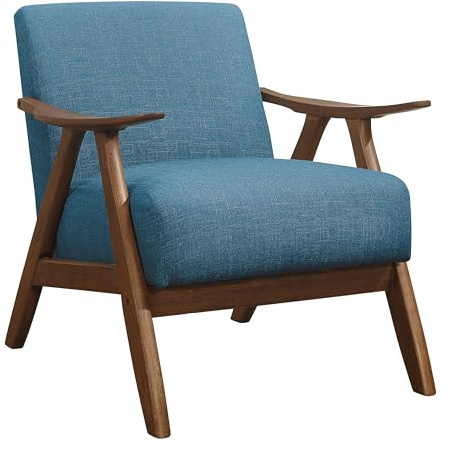 Lexicon Mid Century Modern Accent Chair with Solid Wood Frame in Walnut Finish, Upholstered Living Room Lounge Arm Chair, Thick and Comfy Innerspring Seat Cushion, Linen-Look Fabric, Blue
