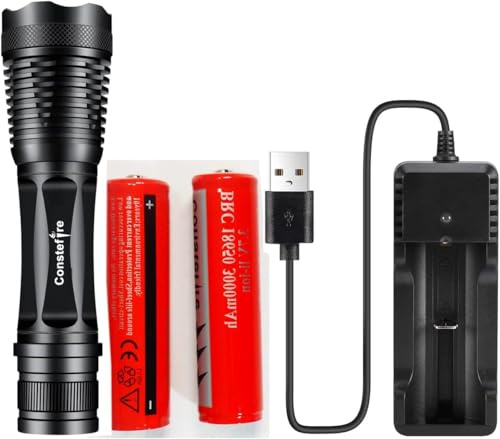 Constefire lampe Torche de poche LED haute puissance avec 2 piles rechargeables, lampe de poche tactique avec chargeur USB