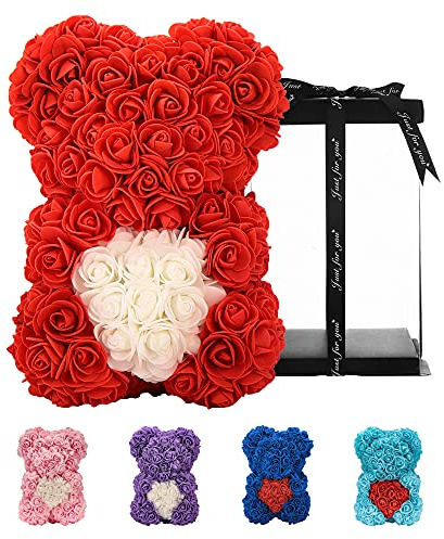 Geschenke für Frauen ， Geburtstags ， Rosenblumenbär Handgemachter Rose Teddybär, Beste künstliche Dekoration Geschenke für Mama, Mädchen, Einzigartige Geschenke (Rot)