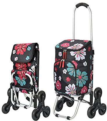 Einkaufstrolley 6 Räder, Klappbarer Einkaufswagen Treppensteiger Schick Trolley-Tasche Mit Kühltasche Einkaufsroller Wasserdicht Thermostat Sackkarre Pro Camping Picknick Supermarkt (Blumen)