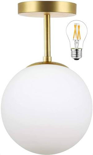 Moderne Deckenlampe Hängend aus Glas, E27 Golden Flur Deckenleuchte mit Weiß Glas Ball Lampenschirm, 1 Flammige Runde Hängelampe Flurlampe fur Schlafzimmer, Esszimmer, Küchen, (Inkl. LED Glühbirne)