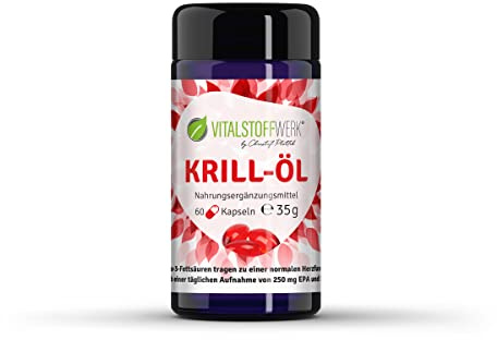 Krill-Öl, VITALSTOFFWERK®, 60 Stück Krillöl Kapseln, hochdosierte Omega-3-Fettsäuren, mehrfach ungesättigte Fettsäuren Omega 3 Kapseln, ohne Zusatzstoffe aus der Antarktis