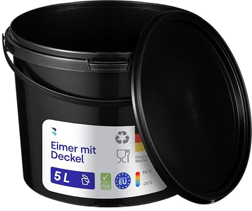BenBow Seau avec Couvercle 5L Noir 20x 5 Litre - apte au Contact Alimentaire, Stable, hermétique, étanche, sans Odeur - récipient de Stockage en Plastique, avec poignée - Vide