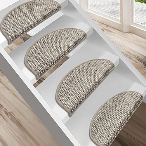 FLODI. Carpet Stair Mats, Carlton, Set of 15 Pieces, Self Adhesive Anti Slip Stair Tread Carpet Staircase Step Mats Runner Pads (Grey-Beige Mottled, Semicircular - 23 x 65 cm)