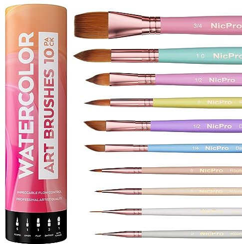 Nicpro Lot de 10 pinceaux professionnels pour aquarelle, pinceaux ronds, langue de chat, traceur, biseauté, et à lavis pour artistes, adultes, débutants, aquarelle, encres, gouache avec support