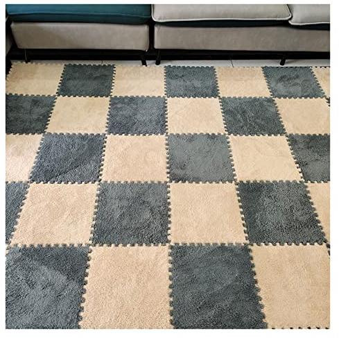10 Stück Ineinandergreifende Teppichfliesen, Quadratisches Plüsch-Schaumstoff-Fußmatten-Set, Ineinandergreifende, Flauschige Plüsch-Puzzle-Spielmatte, 30 X 30 cm(Color:Beige+Grau)