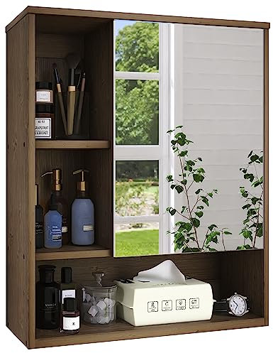 SMIBUY Bathroom Mirror Cabinet Wall Mounted, Bamboo Space Saver Medicine Cabinet, Wall Hanging Over Toilet Storage Cabinet with Mirror Door and Adjustable Shelf (Walnut)