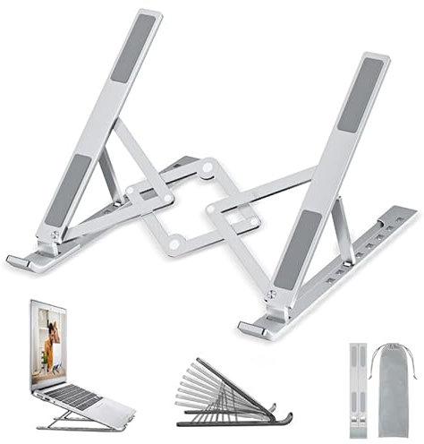 OUGEP Support Ordinateur Portable, Support PC Portable Ventilé en Aluminium Réglable, Refroidisseur Ergonomique Compatible avec MacBook Air, HP, Dell, 10-17.3’’ (Argenté)