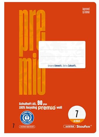 Staufen premio Schulheft - 10 Hefte je 16 Blatt, DIN A5, Lineatur 7 (7mm kariert), 90 g/m² Recyclingpapier, runde Ecken verhindern „Eselsohren“