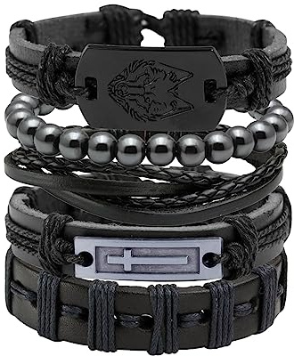 Manfnee 6-12Pcs Bracelet Tressé Punk Gothique Rock Manchette Multicouche Cordon Vintage Homme Femme