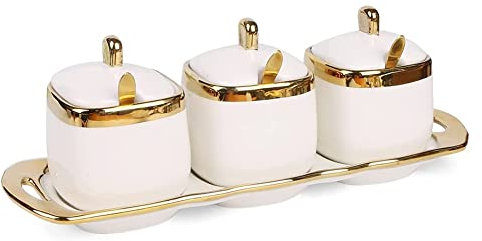 Qutsvosh 3Pcs Ceramic Condiment Pots Porcelain Sugar Bowls Decorative Gold Salt Containers Pepper Boxes Kitchen Spice Jars,A