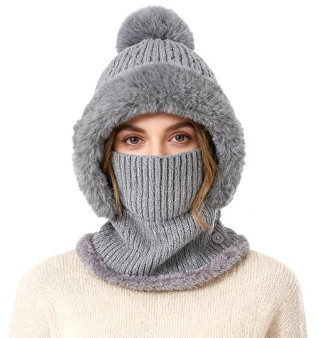TAGVO Winter Warm Knitted Cap＆Neck Warmer Sets, Women Knit Balaclava Windproof Skimask, Flexible Beanie Hat with Hairball, Soft Thick Fleece Lined,Adjustable Face Mask for Outdoor Sports,Grey