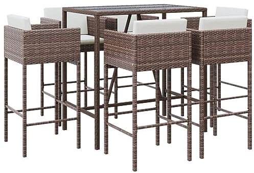 vidaXL Gartenbar Set 7-TLG., Gartenmöbel Bartisch 6 Barstühle, Stehtisch Barhocker für Garten Terrasse, Sitzgruppe Gartenset mit Kissen, Braun Poly Rattan