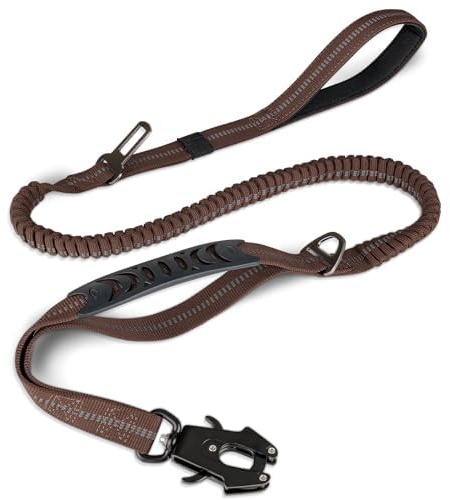 Joytale Guinzaglio tattico, guinzaglio Bungee da 1,2 m-1,8 m con 2 maniglie imbottite, cintura di sicurezza per auto, guinzaglio per cani di taglia media, grande, X-large, Marrone