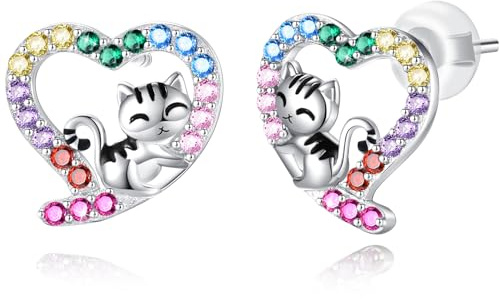 Hypoallergenic Cat Earrings for Girls Women 925 Sterling Silver Cute Heart Stud Earring for Sensitive Ears Cat Gifts for Girls Christmas Birthday Gift.