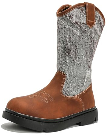 WUIWUIYU Bottes de Cowboy Marron Filles Occidentales Classiques Vintage Broderie Bottes de Mi-Mollet -Marron 27