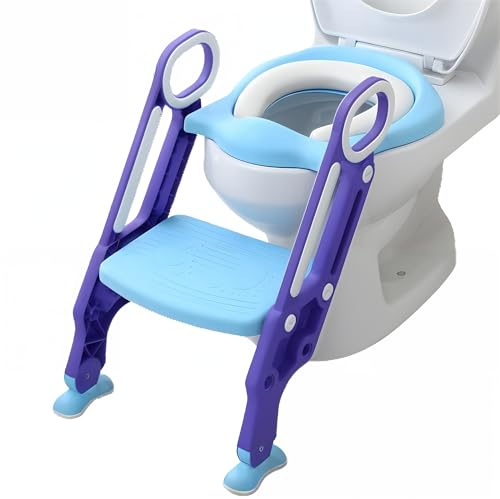 MUL-BOUTIQUE Potty Trainer Töpfchen für Kinder, verstellbarer Toilettensitz mit Kissen, Leiter und Rampen, tragbarer Toilettentrainer für verschiedene Toilettenformen (blau-violett)