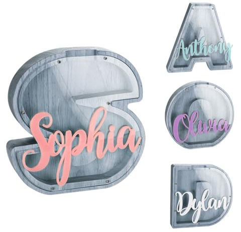 Tirelire en bois personnalisable avec texte multicolore gravé pour enfants, décoration d'intérieur, cadeau de Noël ou d'anniversaire pour filles et garçons, gris