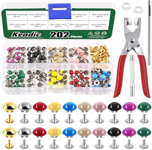 Keadic 404Pcs 7mm Leather Rivets Assortment Set with Setting Tools, 10 Colors Double Round Cap Leathercraft Metal Studs for Shoes Belts Purse Handbags DIY