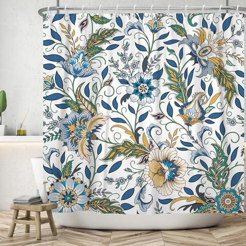 ASDCXZ Blumen Duschvorhang 180x200 cm, Frühling Vintage Blau Gelb Boho Blumen Grün Blätter Weiß Bad Waschbar Duschvorhänge Polyester Textil Wasserdicht Badevorhang für Badewanne mit 12 Haken
