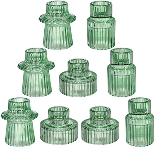 Kerzenhalter aus Glas, Set mit 9 grünen Teelichthaltern, 3 Stile, für formelle Veranstaltungen, Tischdekoration, Hochzeit, Abendessen, Kirche, Party und Festivals