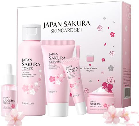 Sakura Ensemble de Soins de la Peau 5 Pièces, avec Crème Nettoyante, Toner, Sérum, Kit de Soins de La Peau Hydratants, Coffret Cadeau de Soins de la Peau pour Adolescentes et Femmes