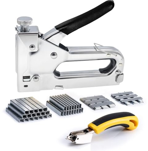 Pistola grapadora con quitapuntas, kit de pistola grapadora 3 en 1 resistente para tapicería con 3000 grapas para madera, manualidades, carpintería, decoración