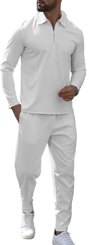 KUYIGO Survêtement pour homme avec fermeture éclair 1/4-2 pièces - Pull à manches longues - Sweat et jogging - Décontracté - Haut gaufré - Pantalon - Vêtements de sport - Tailles S à XXL, blanc, XXL
