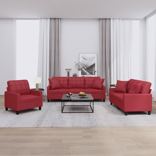 Homgoday 3-TLG. Sofagarnitur mit Kissen Wohnzimmersofa Loungesofa Sofa Couch mit Rückenlehne Gästesofa Polstersofa Couchgarnitur Sitzmöbel für Schlafzimmer Wohnzimmer BüroWeinrot Kunstleder
