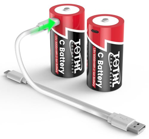 Confezione da 2: batterie C ricaricabili con cavo di ricarica 2 in 1 per batterie al litio C C, batterie agli ioni di litio C Cell, LR14 da 1,5 V di ricambio da 5000 mWh per giocattoli proiettori