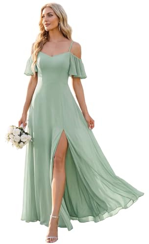 Ever-Pretty Women's Ruffles One Shoulder Short Sleeve Empire Waist A Line Chiffon Long Bridesmaid Dresses with Side Slit Mint Green 14UK