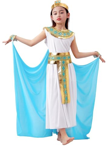 AMOBON Deguisement Cleopatre Enfant Fille: Déguisement Egyptienne Fille avec Accessoires - Costume Cleopatre Egyptien pour Carnaval Carnival Mardi Gras Cosplay (Blanc, L)