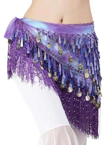 Münzgürtel, Münzschal, Bauchtanz-Kleidungszubehör für Damen, Pailletten, Wickeltuch, elastischer Boden, Batikgürtel, Hüfttuch, Lila mit Pailletten