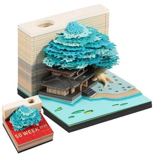 3D Kalender 2025 mit LED Licht 8.5×8.5×7cm 3D Notizblock Kalender 2025 mit Stifthalter 3D Baumhaus 3D Kalender 2025 Abreißen Geschenk für Weihnachten Thanksgiving Jubiläum Valentinstag (Blau)